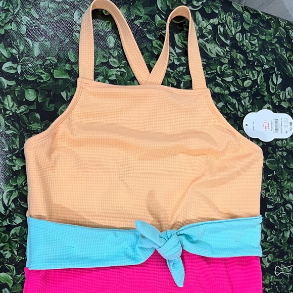 Wonder Nation ColorBlock Tie Waist One Piece Swimsuit 10/12 Plus Pink Orange - Picture 4 of 11